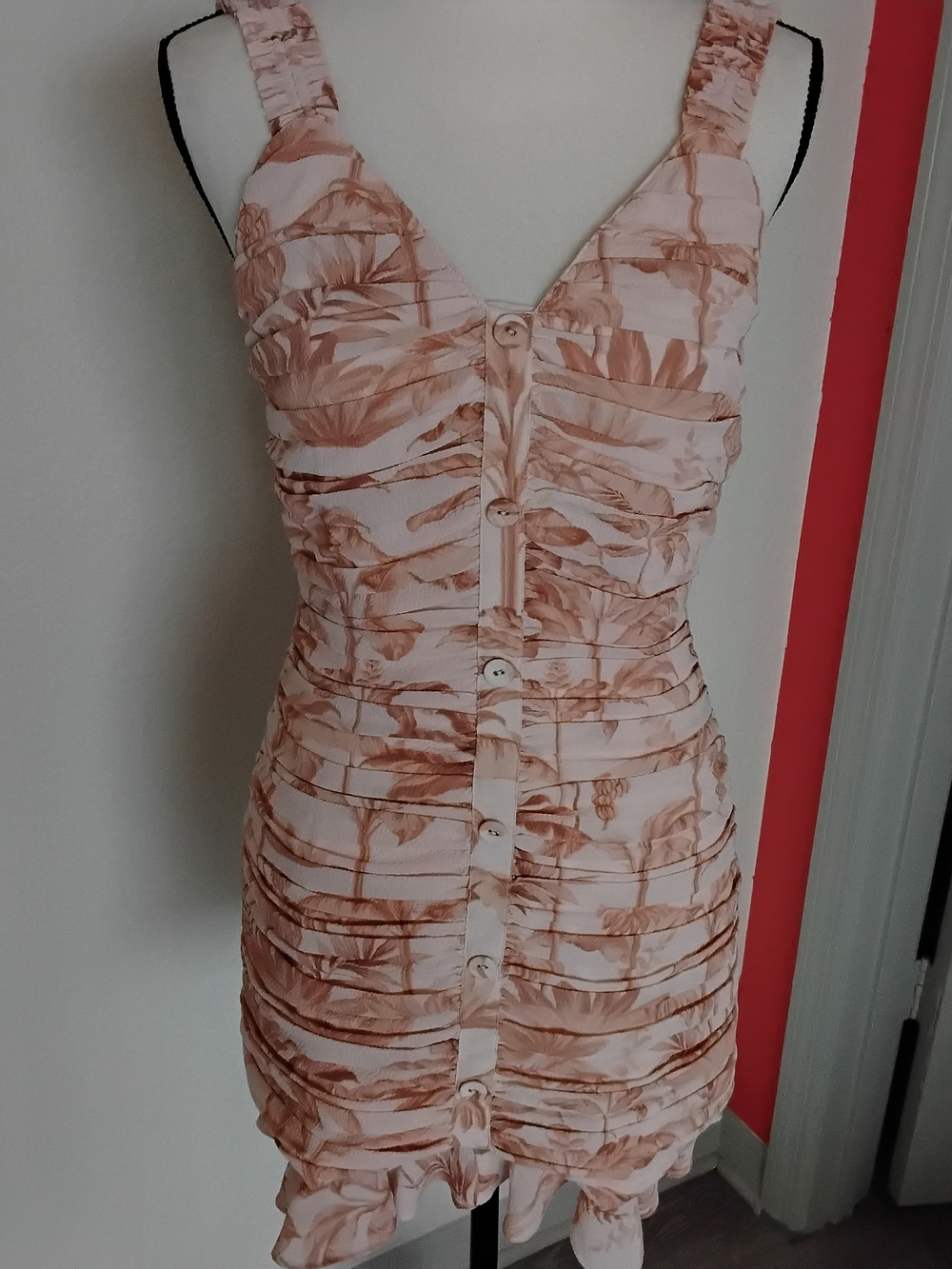 Ted Baker Pink and Tan Ruched Floral Mini Dress
